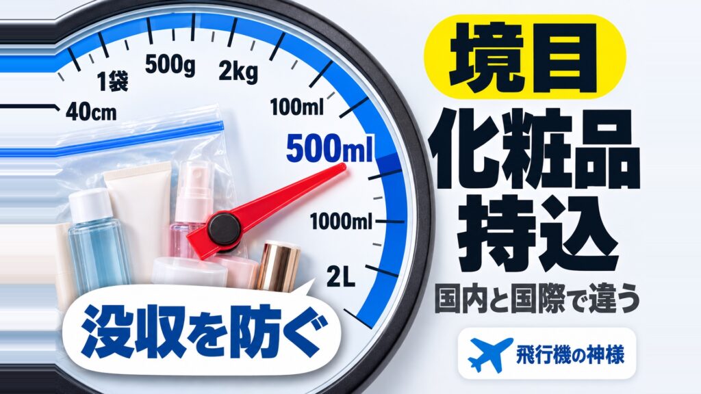 化粧品は飛行機内に持ち込みできる？注意点や没収されない方法！　図の中の文字: 没収を防ぐ、100ml、500ml、1000ml、2L、40cm