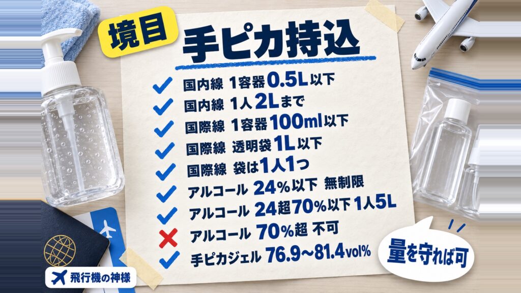 手ピカジェルは飛行機に持ち込める？機内でのセルフ除菌もご紹介　図の中の文字: 量を守れば可、国内線 1容器0.5L以下、国内線 1人2Lまで、国際線 1容器100ml以下、国際線 透明袋1L以下、国際線 袋は1人1つ