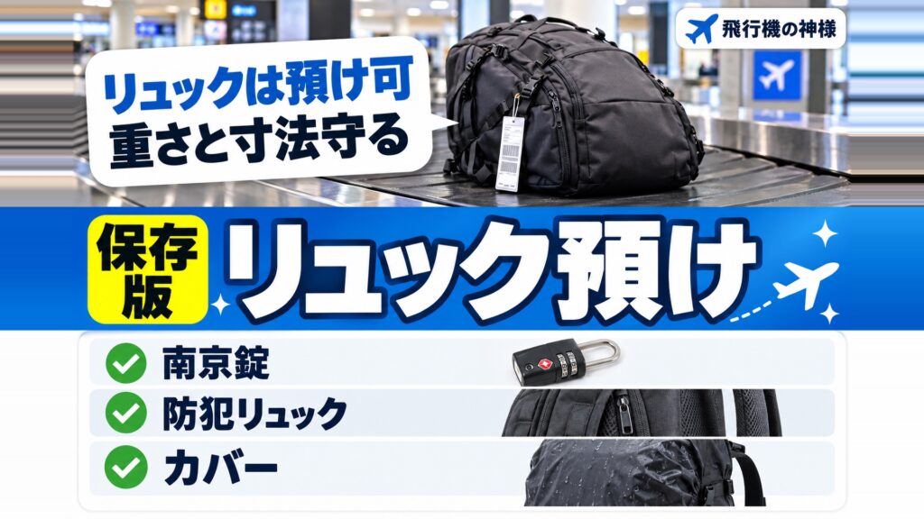 飛行機にリュックは預けることができる?注意点を交えて解説!! 図の中の文字: リュックは預け可、重さと寸法守る、南京錠、防犯リュック、カバー