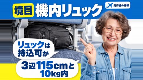 飛行機に持ち込み可能なリュックのサイズとは？失敗しない選び方　図の中の文字: リュックは持込可か、3辺115cmと10kg内