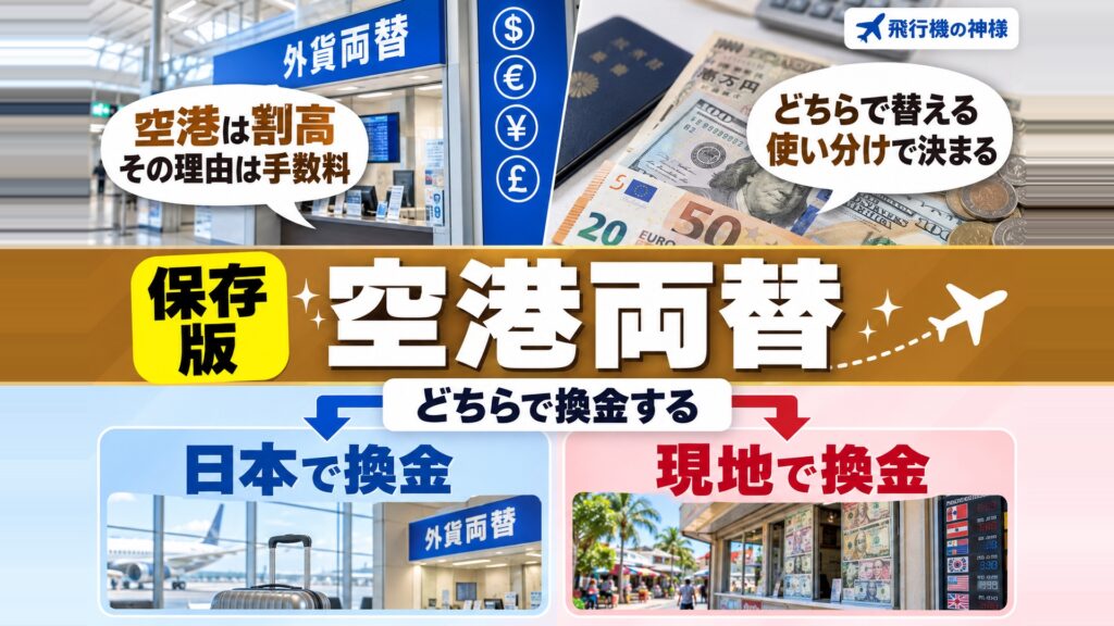 空港で両替はするのは損ってほんと?両替について徹底解説! 図の中の文字: 空港は割高、その理由は手数料、どちらで替える、使い分けで決まる、どちらで換金する、日本で換金