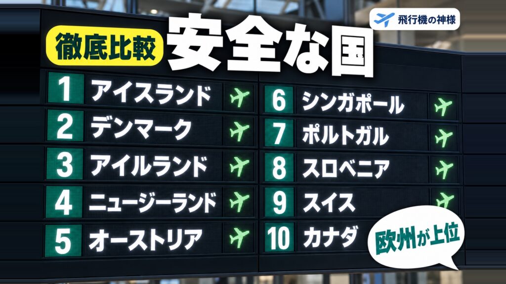 海外旅行で安全な国ランキングTOP10！ヨーロッパやアジアで治安がいい国を紹介　図の中の文字: 欧州が上位、1 アイスランド、2 デンマーク、3 アイルランド、4 ニュージーランド、5 オーストリア