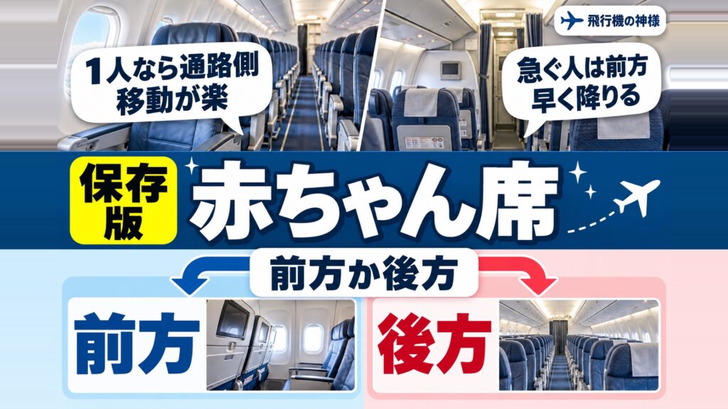 飛行機に赤ちゃん連れでも安心！失敗しない座席の選び方を解説　図の中の文字: 1人なら通路側、移動が楽、急ぐ人は前方、早く降りる、前方か後方、前方
