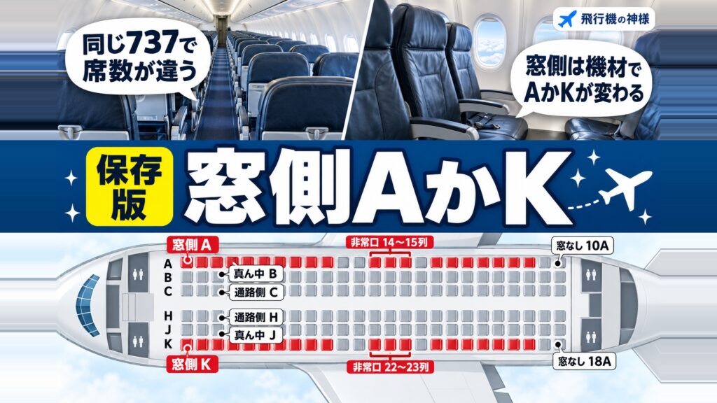 飛行機の座席の窓側はAかKか？アルファベットが変わる配列の違い　図の中の文字: 同じ737で、席数が違う、窓側は機材で、AかKが変わる、A、B