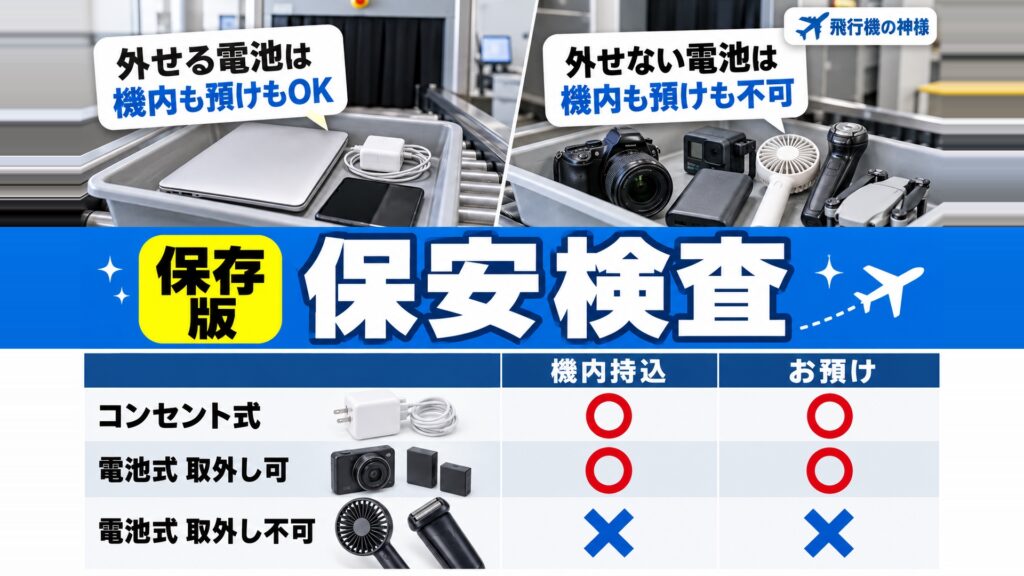 飛行機の持ち物検査ってどんなことをするの？内容や注意点を解説　図の中の文字: 外せる電池は、機内も預けもOK、外せない電池は、機内も預けも不可、コンセント式、電池式 取外し可