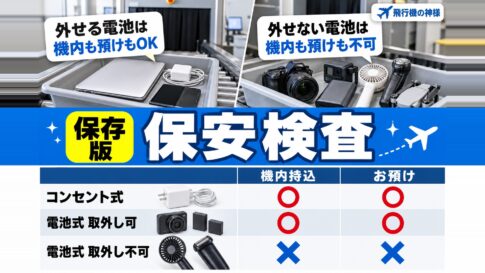 飛行機の持ち物検査ってどんなことをするの？内容や注意点を解説　図の中の文字: 外せる電池は、機内も預けもOK、外せない電池は、機内も預けも不可、コンセント式、電池式 取外し可