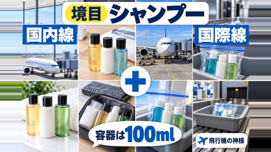 シャンプー持ち込みで没収?飛行機の保安検査で引っかかる100mlの境目 図の中の文字: 容器は100ml、国内線、国際線、100ml