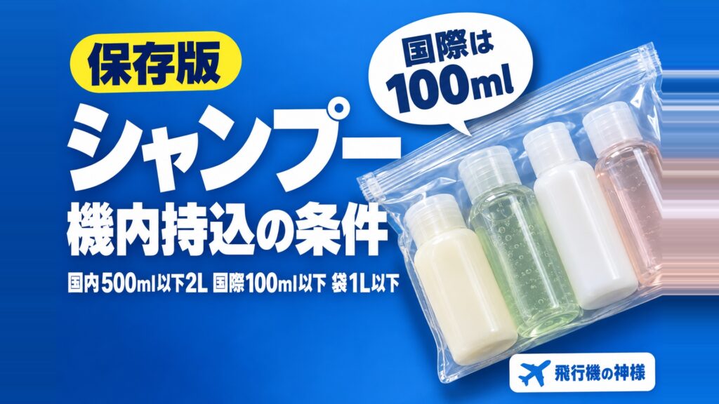 飛行機にシャンプーは持ち込める？没収・液漏れ知らずのコツ　図の中の文字: 国際は100ml、機内持込の条件、国内500ml以下2L 国際100ml以下 袋1L以下