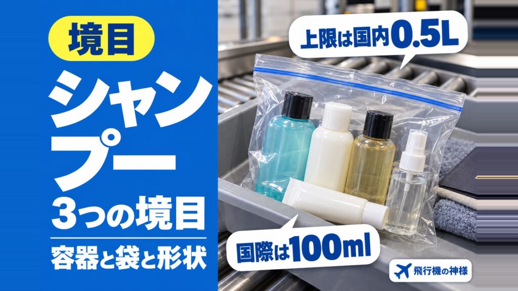 シャンプー持ち込みは飛行機の国内線と国際線で変わる3つの境目　図の中の文字: 上限は国内0.5L、国際は100ml、3つの境目、容器と袋と形状