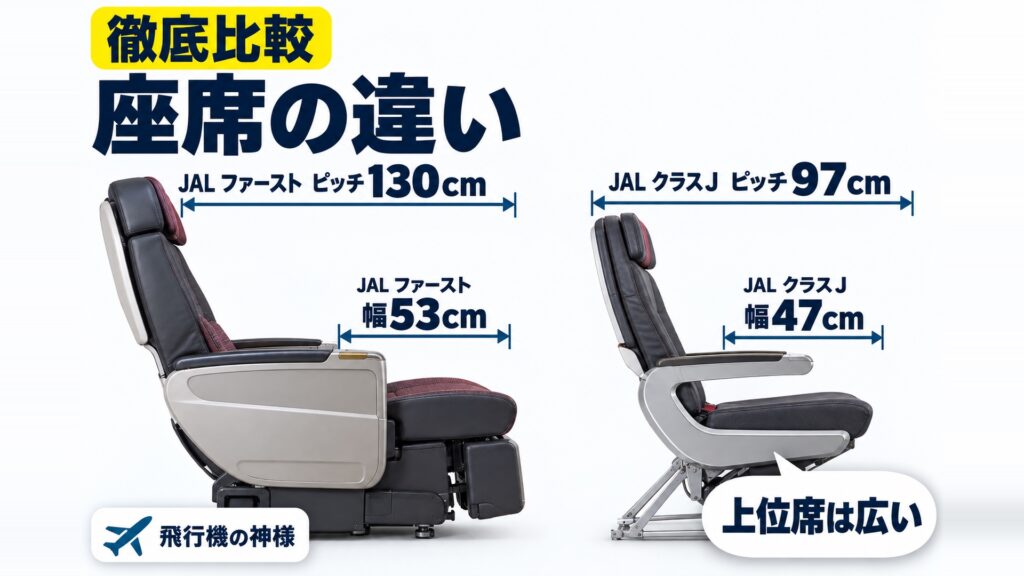 飛行機にはどんな座席の種類がある？航空会社ごとに徹底解説！　図の中の文字: 上位席は広い、JAL ファースト ピッチ130cm、JAL ファースト 幅53cm、JAL クラスJ ピッチ97cm、JAL クラスJ 幅47cm