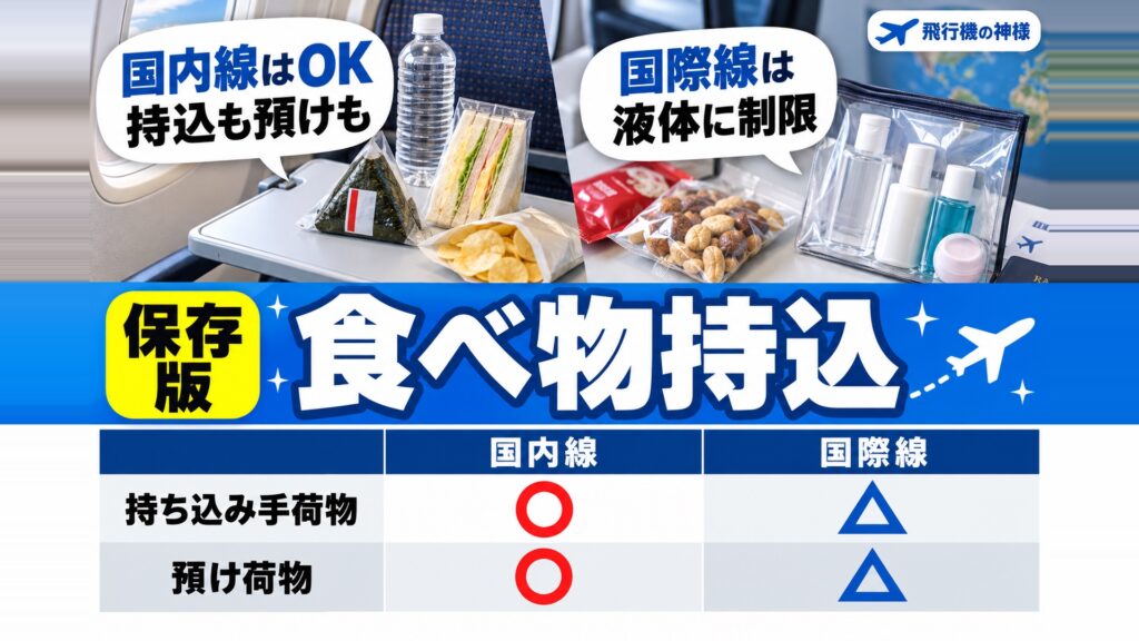 飛行機に食べ物の持ち込みはOK？国内線と国際線ルールを解説　図の中の文字: 国内線はOK、持込も預けも、国際線は、液体に制限、国内線、国際線