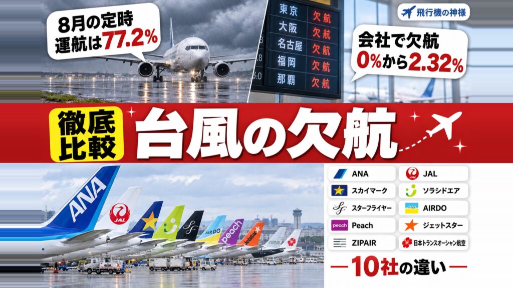 飛行機は台風でどれくらい欠航する?月別データと10社の違い 図の中の文字: 8月の定時、運航は77.2%、会社で欠航、0%から2.32%、ANA、JAL