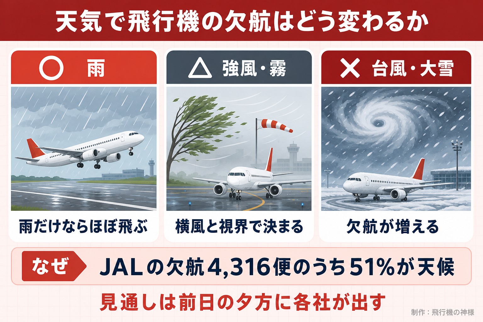 天気で飛行機の欠航はどう変わるか。雨。雨だけならほぼ飛ぶ。強風・霧。横風と視界で決まる。台風・大雪。欠航が増える。JALの欠航4,316便のうち51%が天候。見通しは前日の夕方に各社が出す。飛行機の神様が作ったイラスト図解(天候と欠航の場面くらべ)