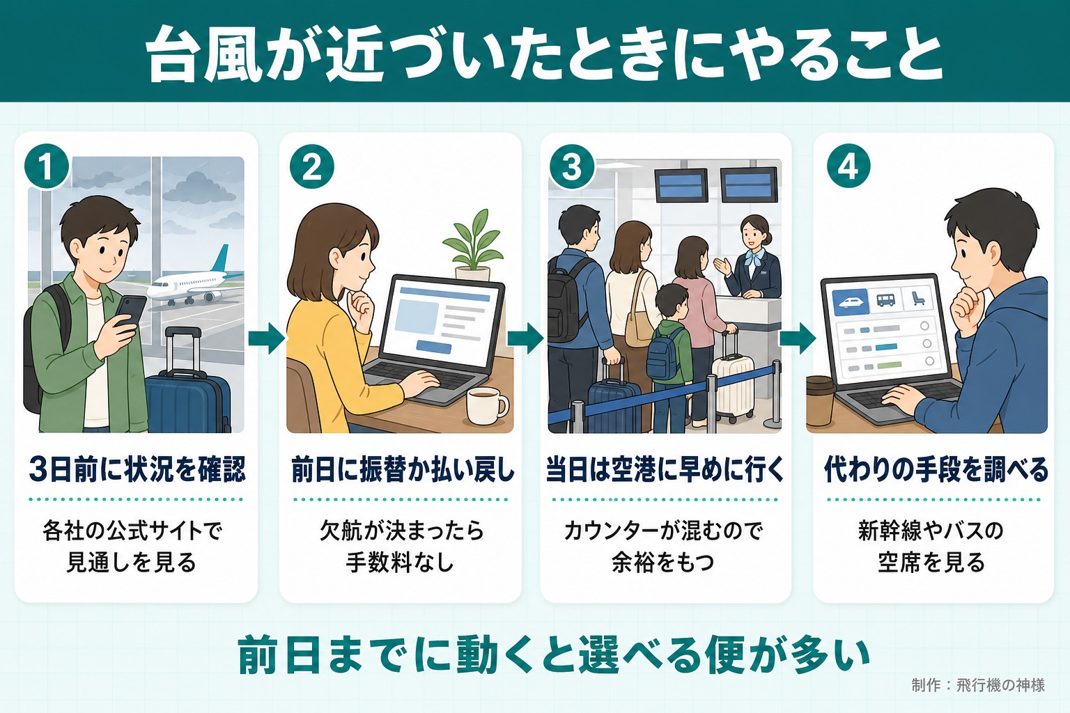 台風が近づいたときにやること。3日前に状況を確認。各社の公式サイトで見通しを見る。前日に振替か払い戻し。欠航が決まったら手数料なし。当日は空港に早めに行く。カウンターが混むので余裕をもつ。代わりの手段を調べる。新幹線やバスの空席を見る。前日までに動くと選べる便が多い。飛行機の神様が作ったイラスト図解(横並びの手順コマ)