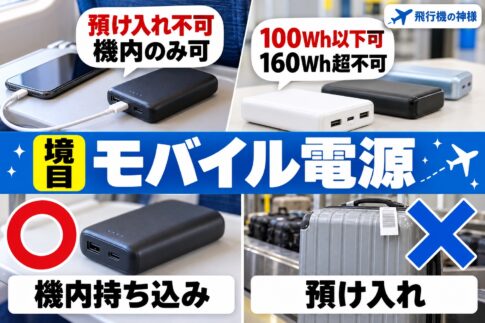 飛行機の手荷物でモバイルバッテリーは持ち込める?制限はある? 図の中の文字: 預け入れ不可、機内のみ可、100Wh以下可、160Wh超不可、機内持ち込み、預け入れ