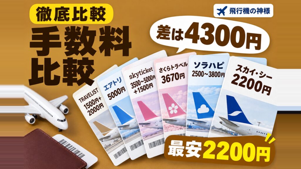 航空券比較サイトの手数料を6社比較!安いのは2,200円、高いのは6,500円 図の中の文字: 差は4300円、スカイ・シー 2200円、ソラハピ 2500〜3800円、さくらトラベル 3670円、skyticket 3500〜5000円+1500円、エアトリ 5000円