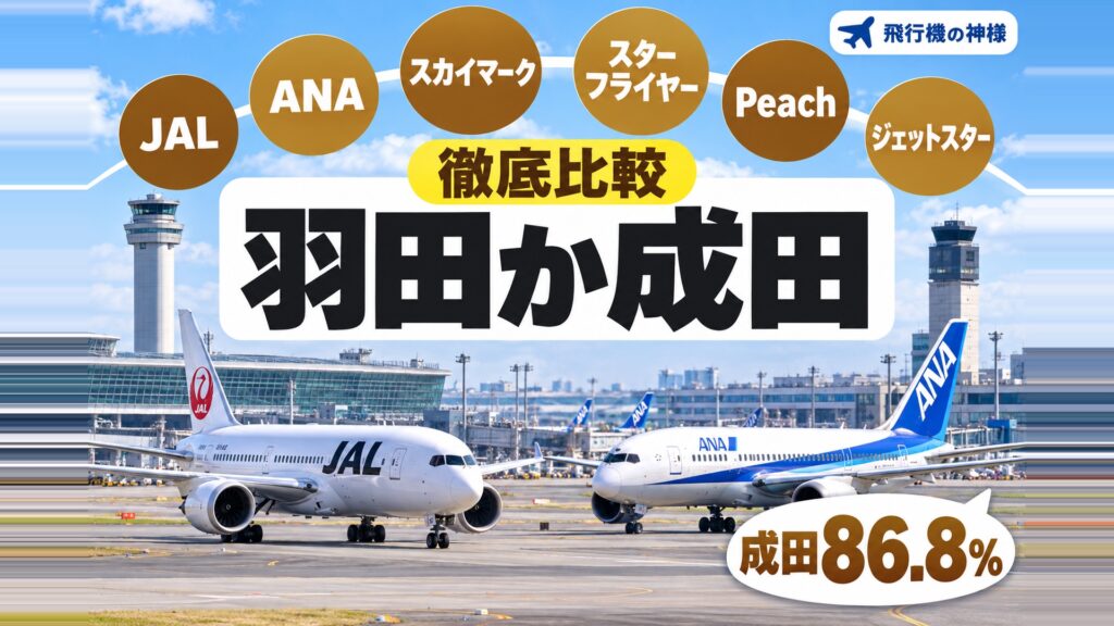 東京から福岡へ飛ぶ6社の違いを比べた!羽田と成田どっちが安い 図の中の文字: 成田86.8%、JAL、ANA、スカイマーク、スターフライヤー、Peach