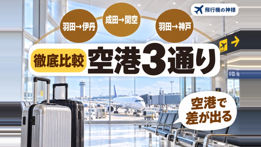 東京から大阪へ飛ぶ5社を比べた！空港3通りで料金が変わる　図の中の文字: 空港で差が出る、羽田→伊丹、成田→関空、羽田→神戸