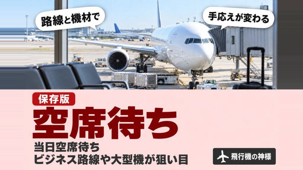 当日のキャンセル待ちで飛行機に乗れる？確率と方法を解説！　図の中の文字: 路線と機材で、手応えが変わる、当日空席待ち、ビジネス路線や大型機が狙い目