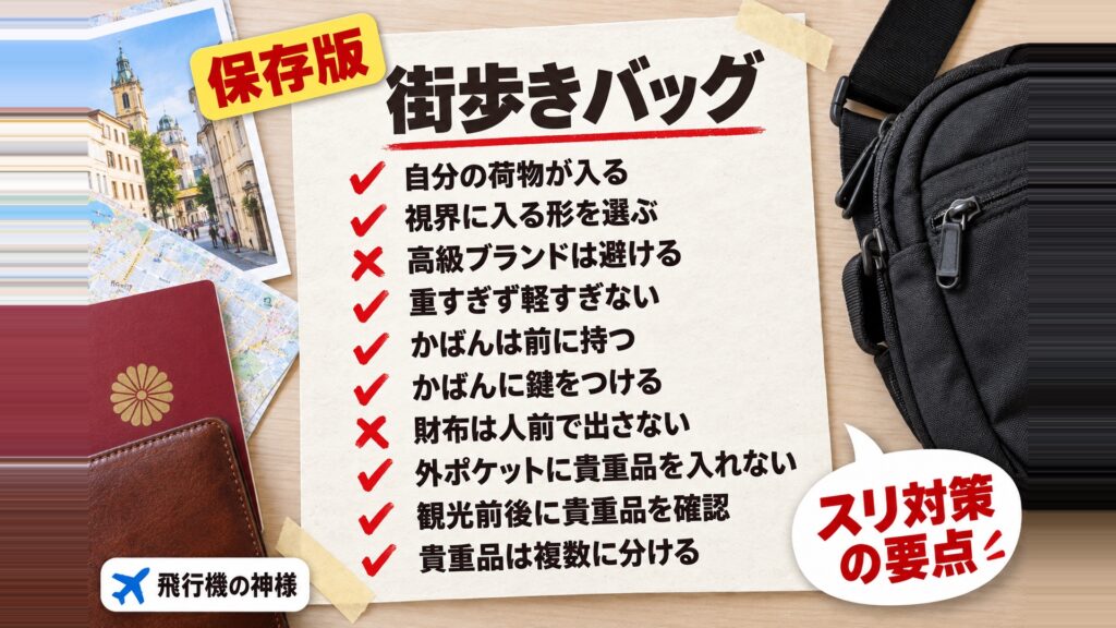 海外旅行でおすすめの街歩きバッグとは？スリなどの防犯対策も紹介！　図の中の文字: スリ対策の要点、自分の荷物が入る、視界に入る形を選ぶ、高級ブランドは避ける、重すぎず軽すぎない、かばんは前に持つ