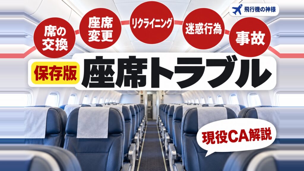 飛行機の座席関係のトラブルって？よくある事例と対処法！　図の中の文字: 現役CA解説、席の交換、座席変更、リクライニング、迷惑行為、事故