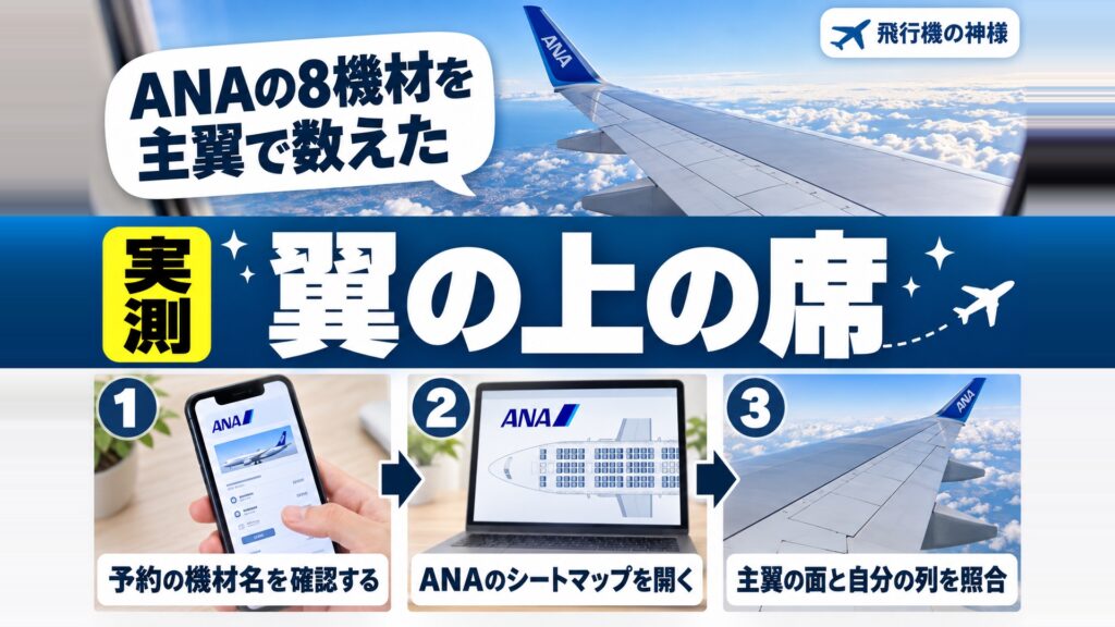 飛行機の翼の上は何列目?ANA8機材で数えた席の当たり外れ 図の中の文字: ANAの8機材を、主翼で数えた、予約の機材名を確認する、ANAのシートマップを開く、主翼の面と自分の列を照合