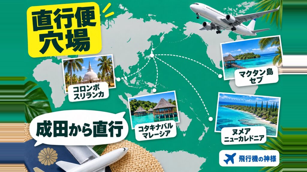 【初心者おすすめ】直行便で行ける海外旅行の穴場スポット５選　図の中の文字: ヌメア ニューカレドニア、コロンボ スリランカ、マクタン島 セブ、コタキナバル マレーシア