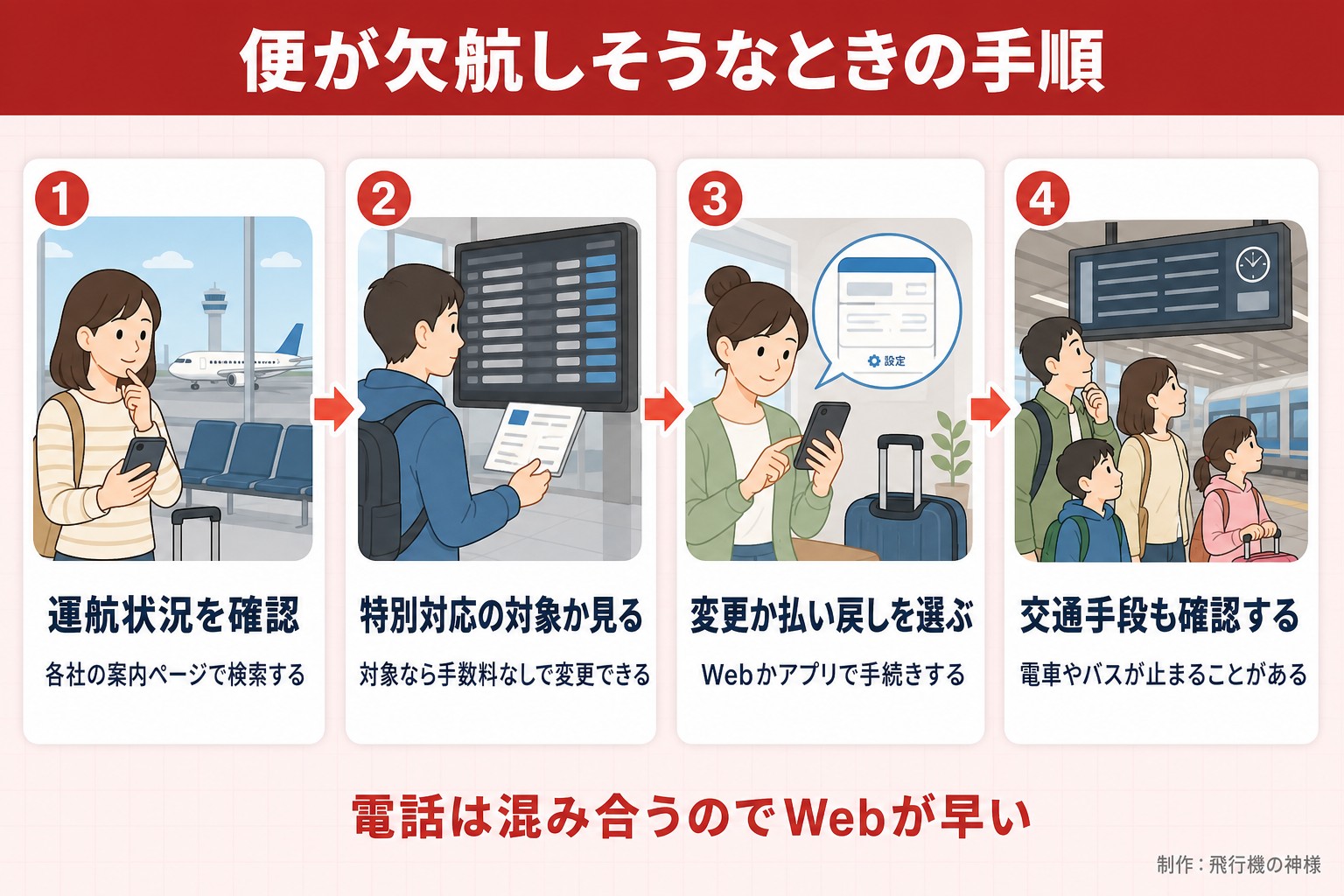 便が欠航しそうなときの手順。運航状況を確認。各社の案内ページで検索する。特別対応の対象か見る。対象なら手数料なしで変更できる。変更か払い戻しを選ぶ。Webかアプリで手続きする。交通手段も確認する。電車やバスが止まることがある。電話は混み合うのでWebが早い。飛行機の神様が作ったイラスト図解(横並びの手順コマ)