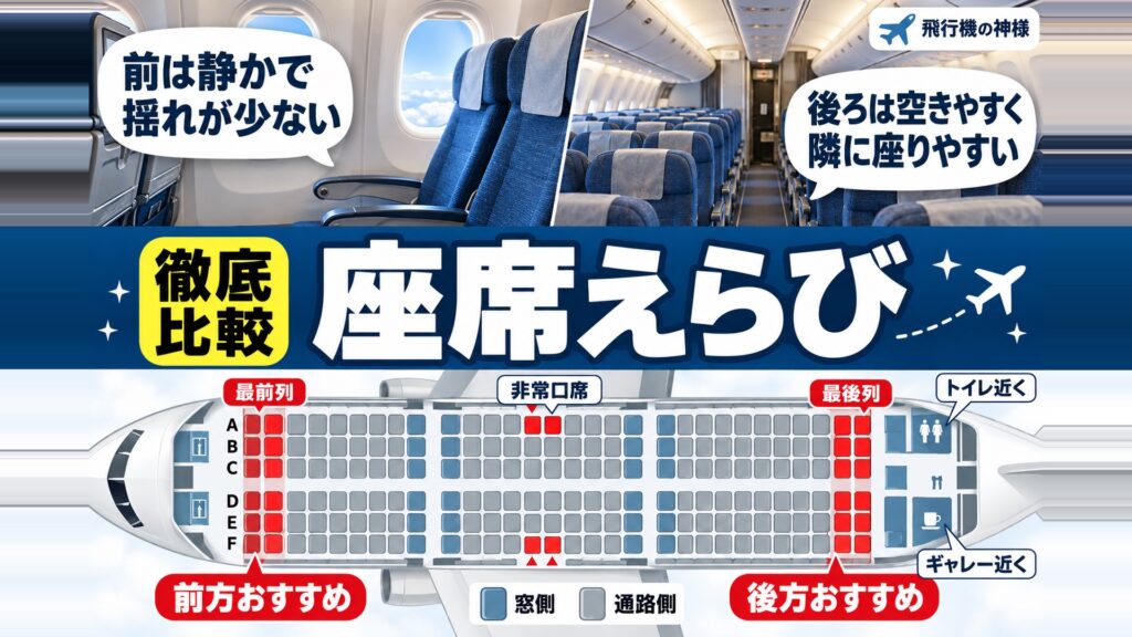 飛行機の座席は前と後ろどっちが快適？座席選びの5つのコツ！　図の中の文字: 前は静かで、揺れが少ない、後ろは空きやすく、隣に座りやすい、A、B