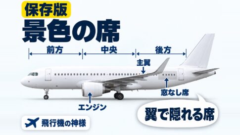 飛行機からの景色を楽しむならどこの座席？場所別に特徴をご紹介　図の中の文字: 翼で隠れる席、前方、中央、後方、主翼、エンジン