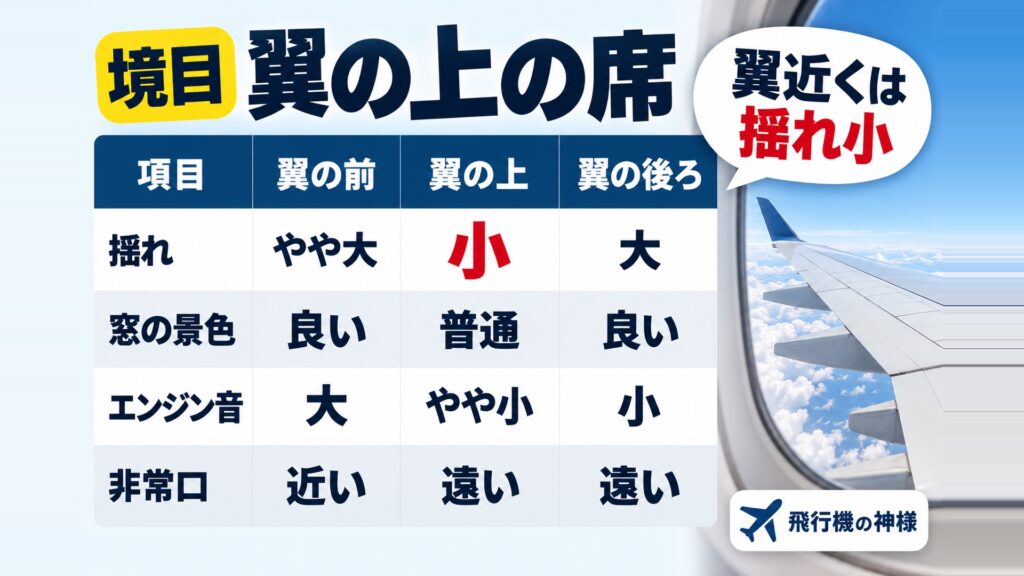 飛行機の翼の上の席は何列目?機材で変わる窓無し席と揺れの境目 図の中の文字: 翼近くは揺れ小、揺れ、窓の景色、エンジン音、非常口、翼の前