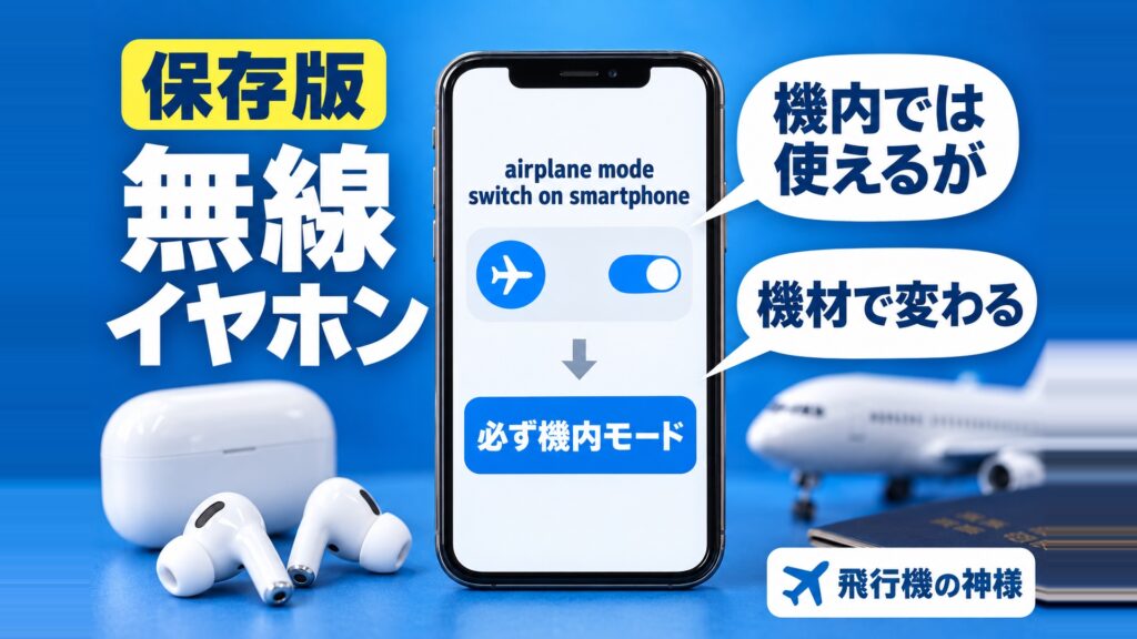 ワイヤレスイヤホンは飛行機に持ち込みOK？機内使用の注意点を解説　図の中の文字: 機内では使えるが、機材で変わる、airplane mode switch on smartphone、必ず機内モード