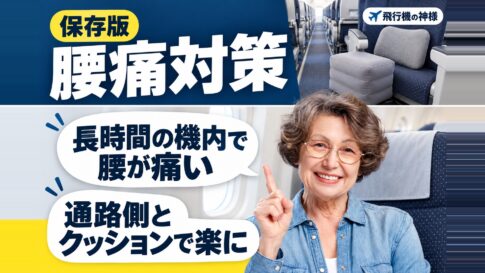 【腰痛対策】長時間の飛行機で快適に過ごすためのグッズとポイント 図の中の文字: 長時間の機内で腰が痛い、通路側とクッションで楽に