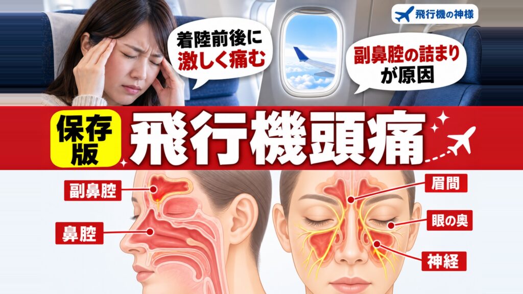 飛行機に乗るとなぜ頭痛が起こるの？原因と対策、対処法を解説　図の中の文字: 着陸前後に、激しく痛む、副鼻腔の詰まり、が原因、副鼻腔、鼻腔